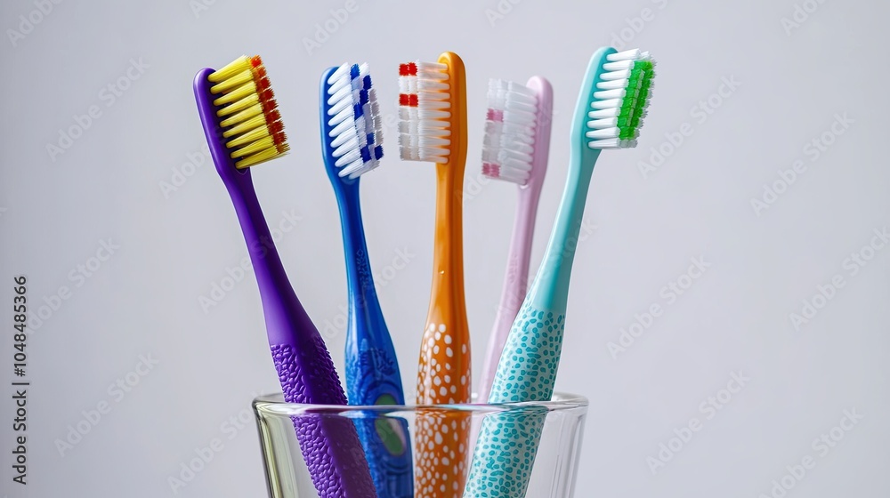 A few toothbrushes in a glass beaker. Dental concept, caring for teeth. Background, poster, banner, wallpaper A few toothbrushes in a glass beaker. Dental concept, caring for teeth. Background, poster, banner, wallpaper