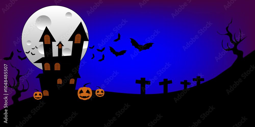 WebHalloween background with castle , pumpkin graveyard and bats flying. Vector illustration.Halloween celebrate festival WebHalloween background with castle , pumpkin graveyard and bats flying. Vector illustration.Halloween celebrate festival