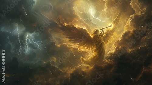 An angel with majestic wings playing a trumpet amidst a stormy sky filled with clouds and lightning at dusk