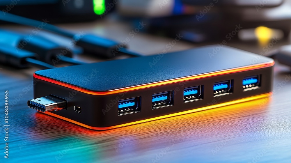 Modern Sleek USB Hub with Multiple Ports Close-up.Concept of connectivity, device compatibility, technological advancement, efficient workflow, modern office setup.tech accessories, digital lifestyle, Modern Sleek USB Hub with Multiple Ports Close-up.Concept of connectivity, device compatibility, technological advancement, efficient workflow, modern office setup.tech accessories, digital lifestyle,