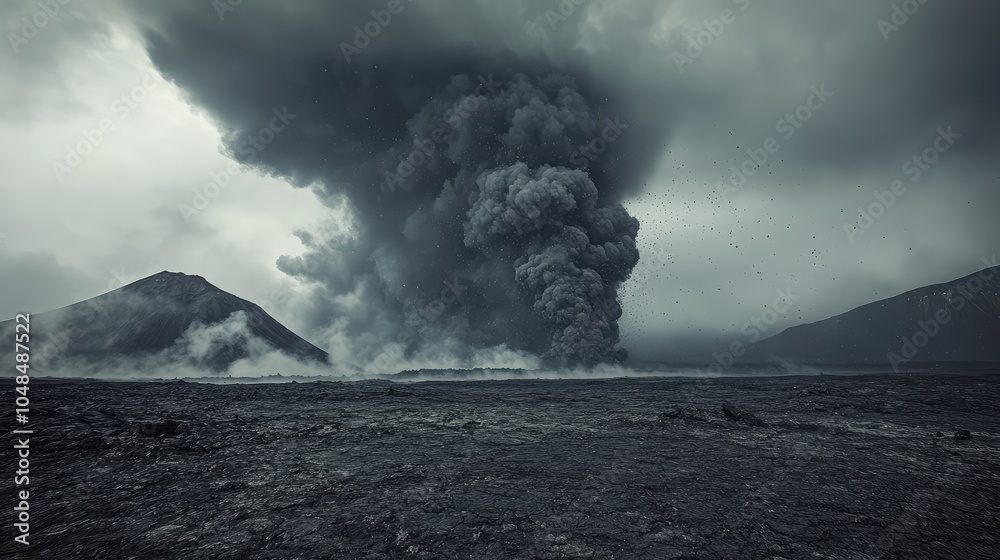 Fototapeta premium A dense volcanic ash cloud covering the sky, with small particles falling like snow over a barren landscape, creating an eerie stillness