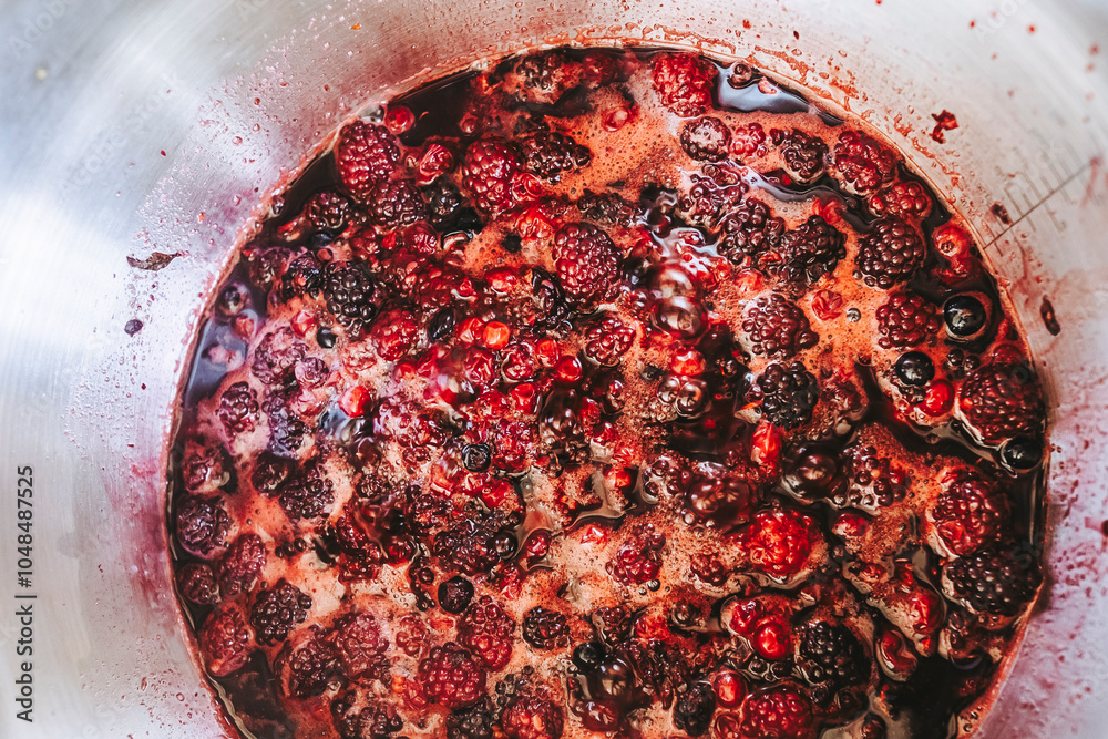 Délicieuse confiture de fruits rouge fait-maison en train de cuire dans la casserole