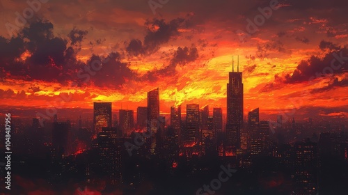 A dramatic evening sky with deep orange and red hues, with the silhouette of a city's skyscrapers rising against the glowing horizon