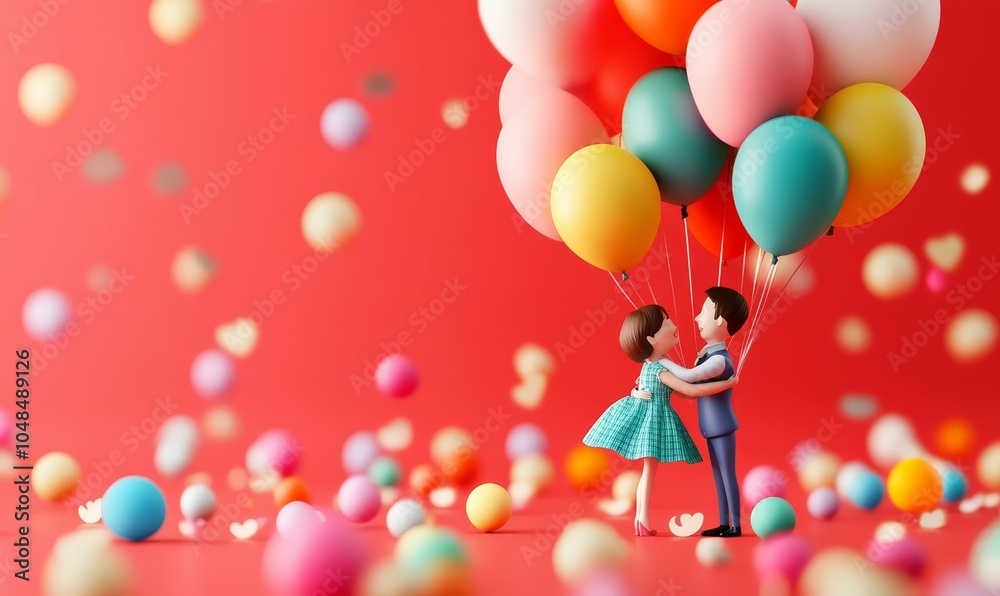 Couple holding balloons on red background.