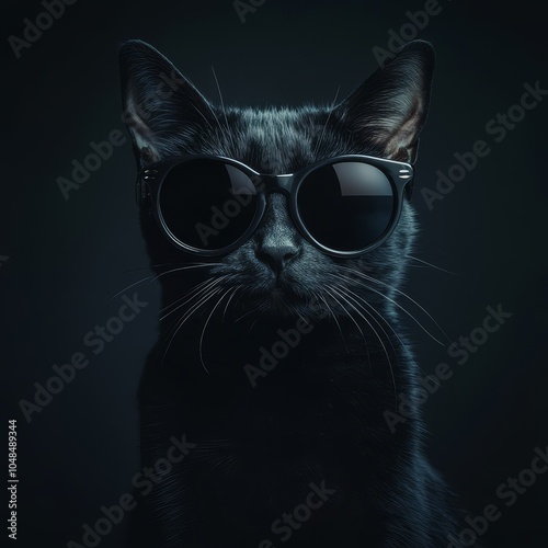 Stylish Black Cat Wearing Sunglasses on Dark Background