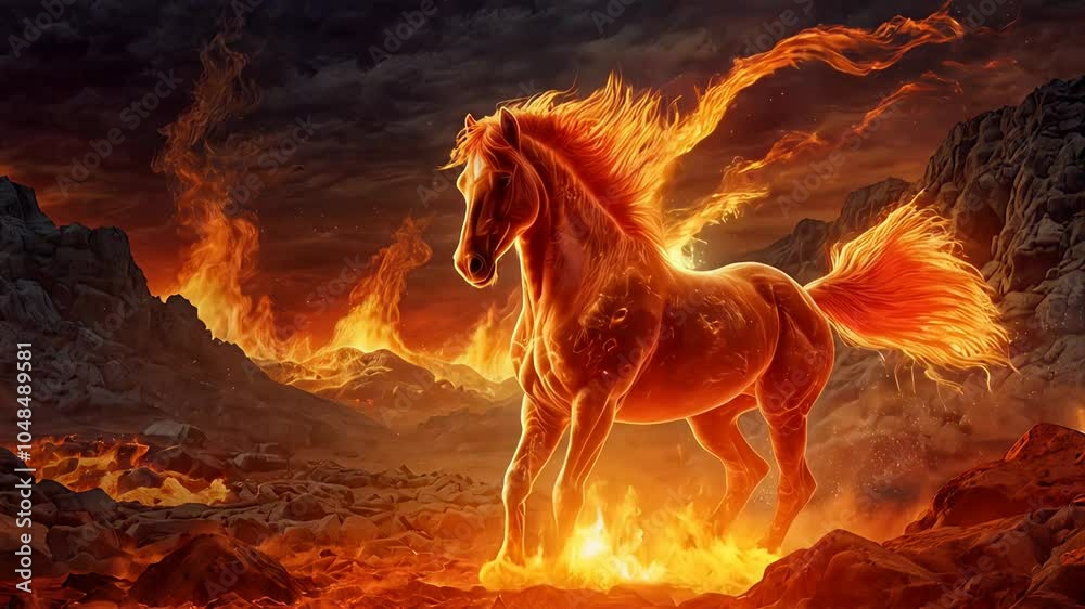 Majestic horse made of fire gallops through a dramatic volcanic landscape, its mane and tail flowing like flames, creating a powerful and evocative scene perfect for halloween projects