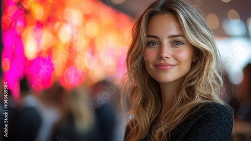 A smiling woman with long, wavy hair poses confidently in front of a vibrant, colorful backdrop filled with blurred lights.