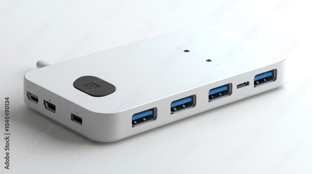 Minimalist Modern USB Hub.Concept of minimalism, modern technology, clean design, tech accessories, office supplies. Minimalist Modern USB Hub.Concept of minimalism, modern technology, clean design, tech accessories, office supplies.