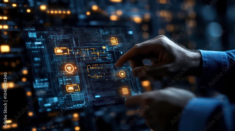 Fototapeta premium A person's hands are shown using a tablet with a glowing digital interface, in a room with lots of glowing lights in the background.