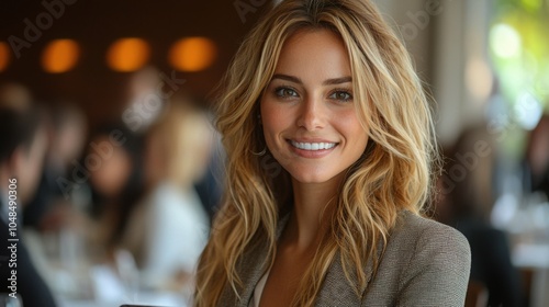 Wallpaper Mural A smiling woman with long wavy hair is sitting in a restaurant filled with guests. She looks warm and approachable in a casual setting. Torontodigital.ca