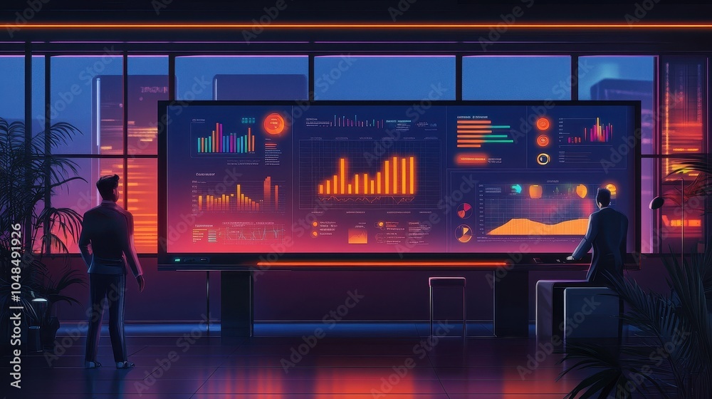 Futuristic Data Visualization Dashboard in Neon-Lit Office Futuristic Data Visualization Dashboard in Neon-Lit Office