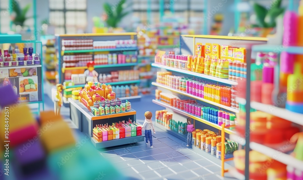 Fototapeta premium Miniature grocery store with colorful aisles and shoppers.