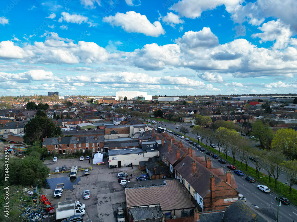 Fototapeta premium High Angle View of Birmingham City of England United Kingdom During Sunset. Aerial View of Was Captured with Drone's Camera on March 30th, 2024