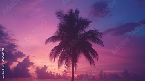 Sunrise silhouette of a sugar palm tree with clouds creates a beautiful color effect in the sky ideal for a copy space image
