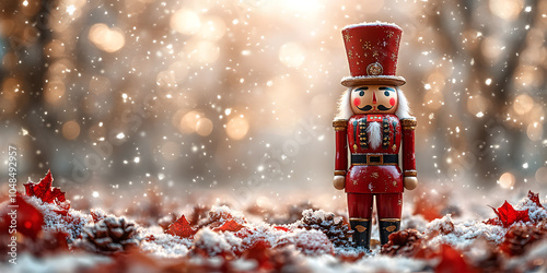 Traditional Wooden Nutcracker Surrounded by Christmas Decorations