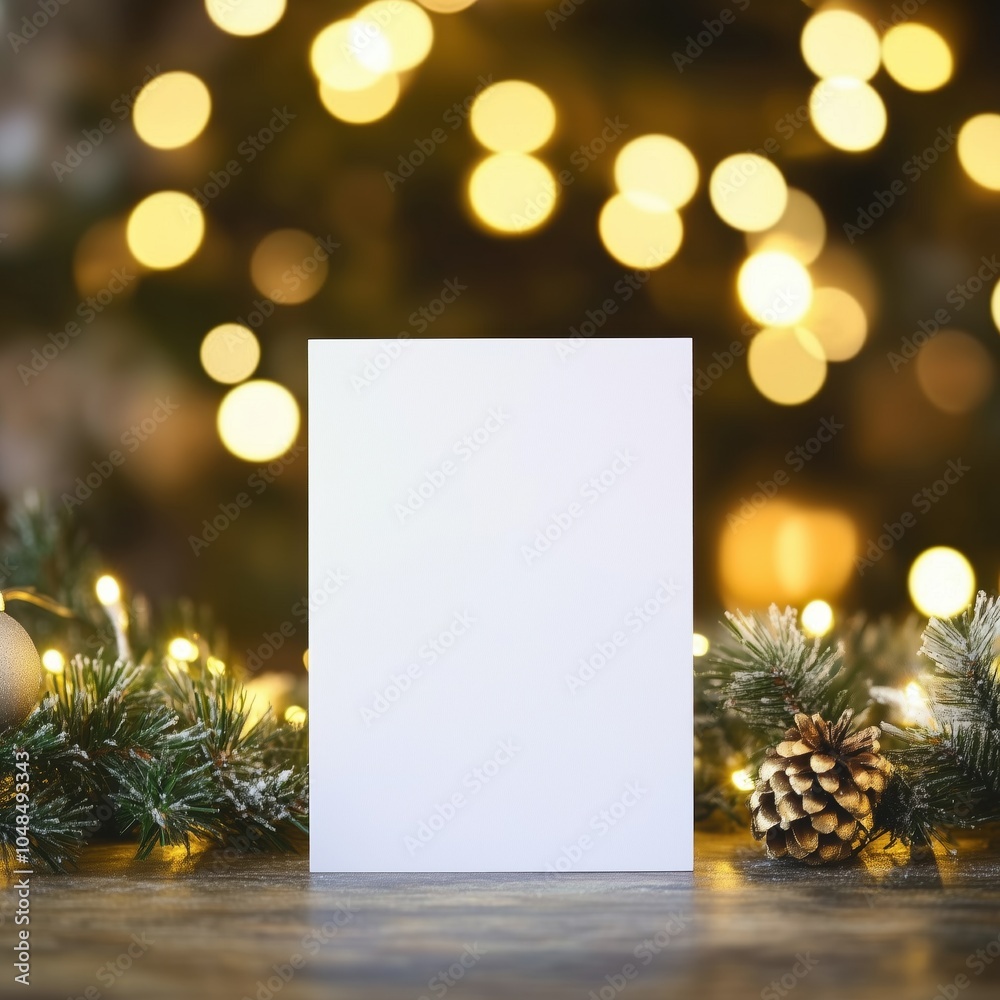 Fototapeta premium Blank invitation mockup, festive bokeh background of fairy lights. Сard template with empty space for text or branding. Christmas, New Year, winter holidays, wedding, vertical card designs mockup