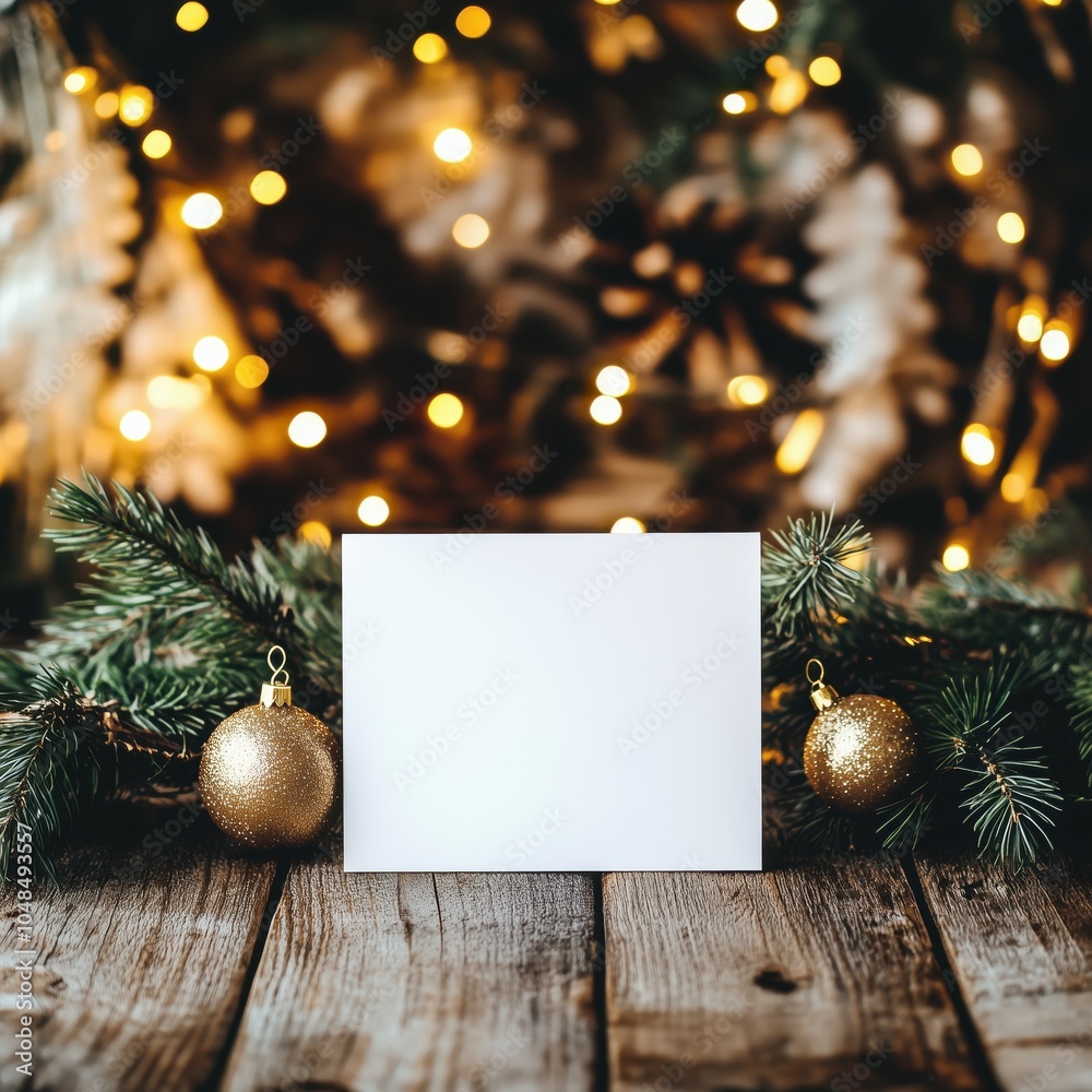 Fototapeta premium Blank invitation mockup, festive bokeh background of fairy lights. Сard template with empty space for text or branding. Christmas, New Year, winter holidays, wedding, horizontal card designs mockup 