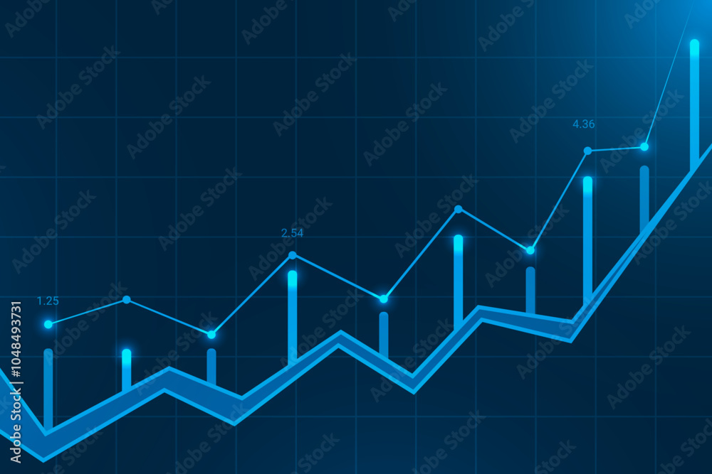 Stock Market Trading Chart On Dark Blue Background With Glowing Light. Business Wallpaper. Finance Banner. Graph. Vector Illustration Stock Market Trading Chart On Dark Blue Background With Glowing Light. Business Wallpaper. Finance Banner. Graph. Vector Illustration