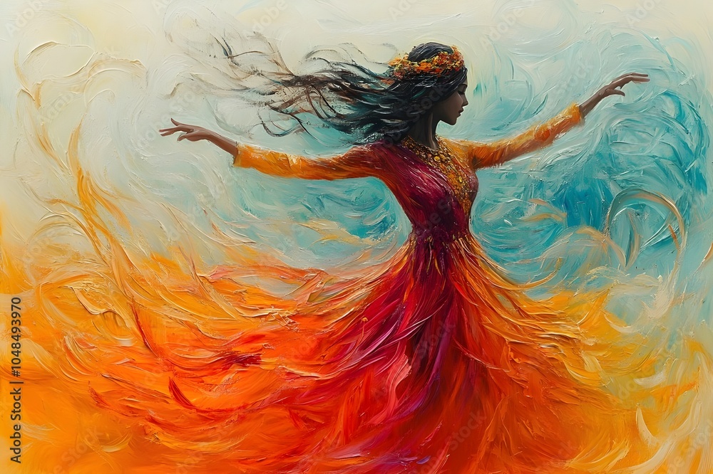 Obraz premium An abstract pastel painting of a Sri Lankan Kandyan dancer, with swirling, soft brushstrokes capturing the grace and energy of the traditional dance