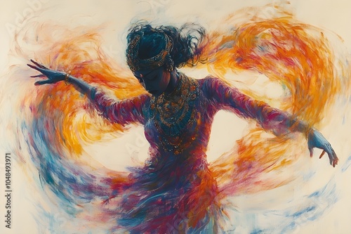 An abstract pastel painting of a Sri Lankan Kandyan dancer, with swirling, soft brushstrokes capturing the grace and energy of the traditional dance