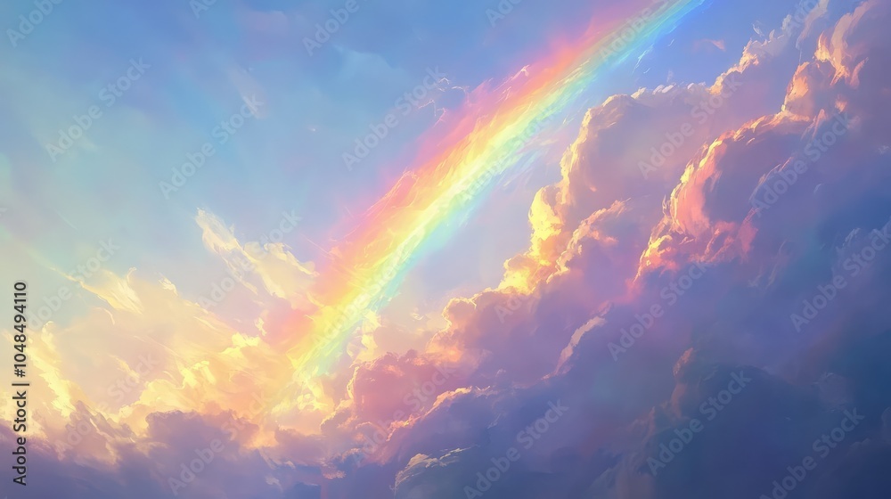 A glowing rainbow forming in the late afternoon sky, its vivid colors standing out against the soft white clouds drifting A glowing rainbow forming in the late afternoon sky, its vivid colors standing out against the soft white clouds drifting
