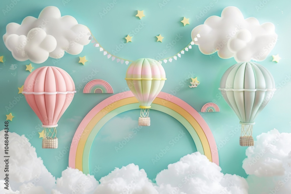 Obraz premium Colorful hot air balloons float over a pastel rainbow and fluffy clouds in a whimsical sky setting