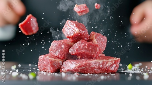 Juicy beef steak cascading in a kitchen, captured in mesmerizing slow motion, highlighting its texture and succulence against a serene backdrop.