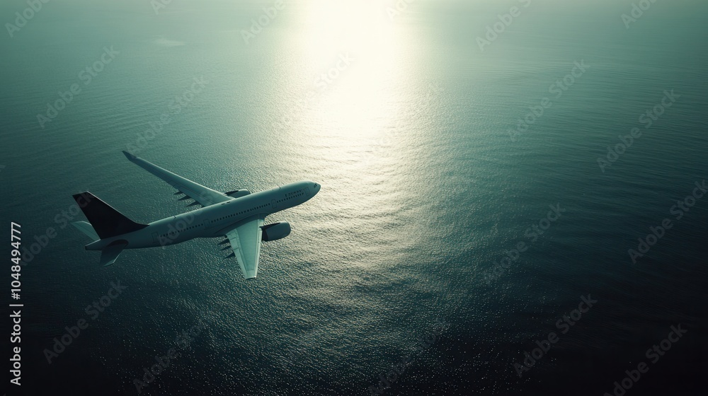 A passenger airplane flying high over a vast, calm ocean, the water reflecting the late afternoon sky A passenger airplane flying high over a vast, calm ocean, the water reflecting the late afternoon sky