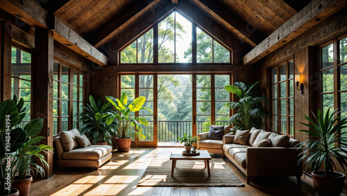 Sunlit modern cabin living room with soaring cathedral ceiling and floor-to-ceiling windows offering forest views. Lush indoor plants complement neutral furniture  creating a perfect blend of indoor c