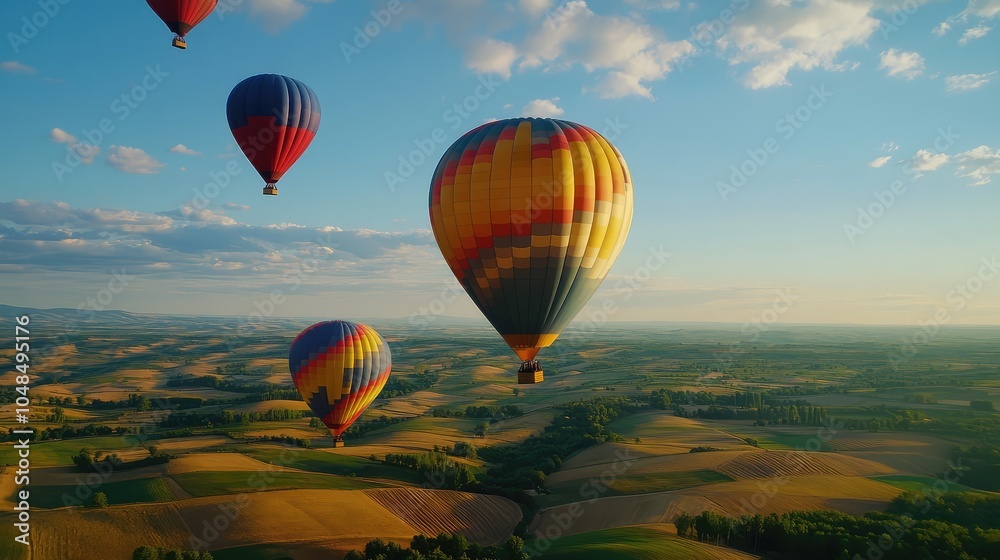 Obraz premium A group of hot air balloons in a bright midday sky, their vibrant colors contrasting with the deep blue of the atmosphere above a patchwork of fields