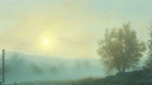 A hazy sky with diffused sunlight barely breaking through the light fog, casting a gentle glow over the landscape below