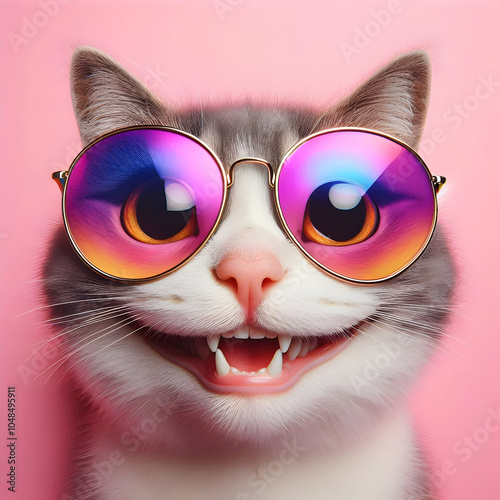 Grinning Cat in Reflective Sunglasses photo