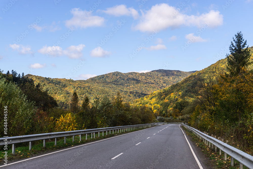 Asphalt road in the mountains. Beautiful autumn landscape with trees.