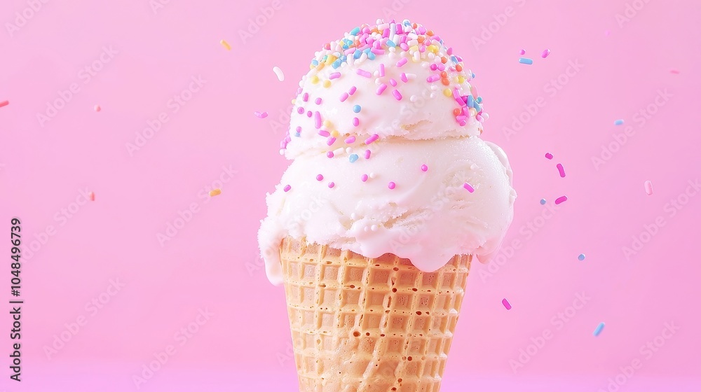 Whimsical Wafer Cone Delight, a playful scene featuring a colorful ice cream cone topped with vibrant sprinkles, set against a soft pink backdrop, inviting joy and sweetness. Whimsical Wafer Cone Delight, a playful scene featuring a colorful ice cream cone topped with vibrant sprinkles, set against a soft pink backdrop, inviting joy and sweetness.
