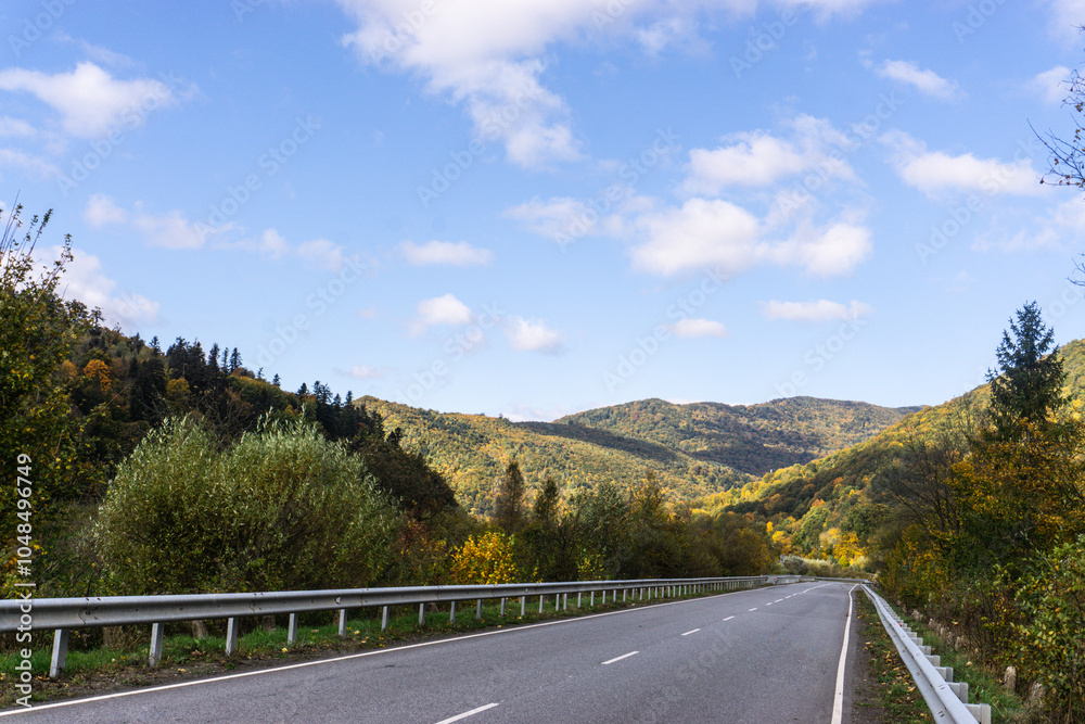 Asphalt road in the mountains. Beautiful autumn landscape with trees.