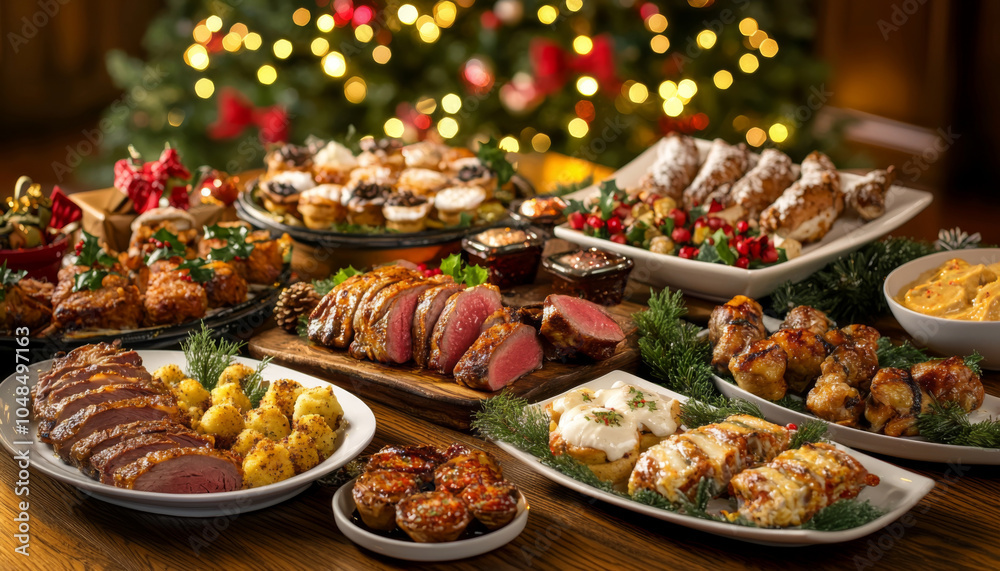 A festive spread featuring various holiday dishes and desserts, perfect for celebrations. A festive spread featuring various holiday dishes and desserts, perfect for celebrations.