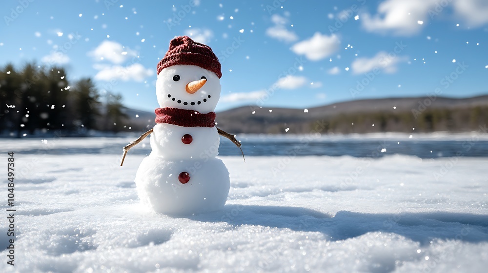 Fototapeta premium A snowman stands on a frozen lake, surrounded by gently falling snowflakes. Pine trees and mountains in the distance add a peaceful winter backdrop.