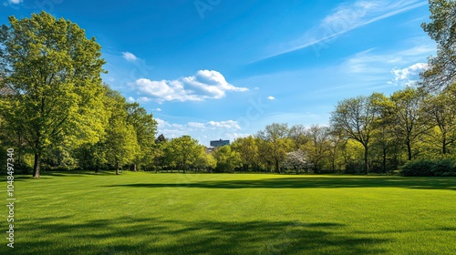 A wide, green grassy field with trees on the edges and a blue sky with white clouds above.