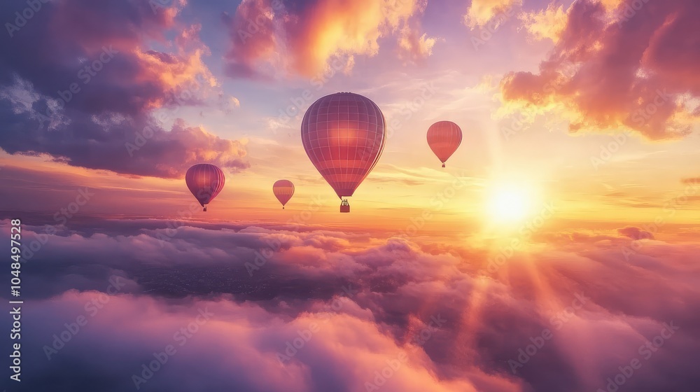 Obraz premium A mesmerizing view of hot air balloons rising into a vibrant sunset sky, with rays of sunlight breaking through the clouds above the landscape