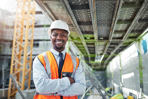 Happy, portrait and black man with professional at construction site for architecture or civil engineering. Young African, male person or contractor with smile or arms crossed for industrial career