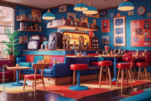interior design of a café that is decorated in 80s style, looks cool, with a video game machine, old furniture, dining area, couches, nice lighting