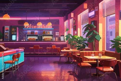 interior design of a café that is decorated in 80s style, looks cool, with a video game machine, old furniture, dining area, couches, nice lighting