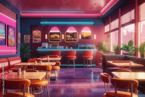 interior design of a café that is decorated in 80s style, looks cool, with a video game machine, old furniture, dining area, couches, nice lighting