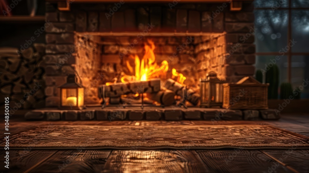 Warm fireplace with a wood burning fire, glowing lanterns, wooden floor and a rug in front. Warm fireplace with a wood burning fire, glowing lanterns, wooden floor and a rug in front.