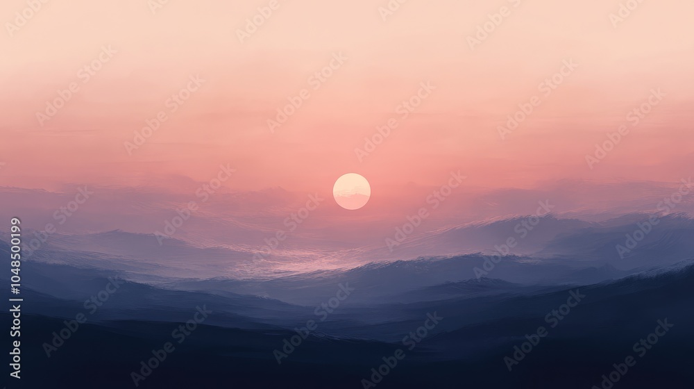 Obraz premium A moody hazy sky at sunset with muted tones of peach and lavender, the sun partially obscured by the thick atmosphere