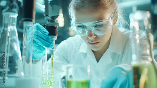 Chemical engineer in a lab, wearing protective gear, carefully mixing solutions to create a new material for sustainable packaging.