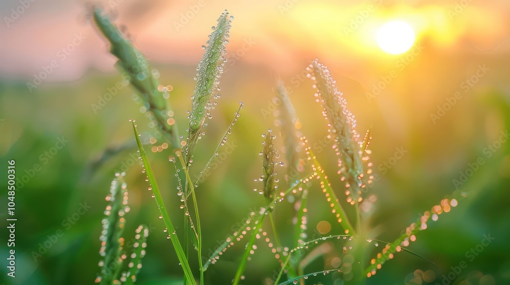 Dew drops on blades of grass in a field at sunset. Dew drops on blades of grass in a field at sunset.