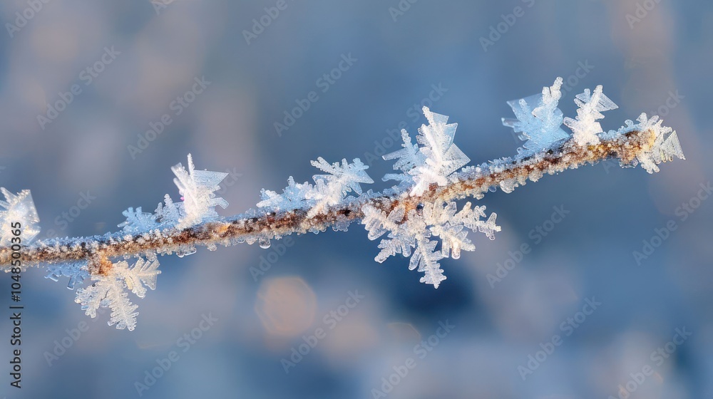 A close-up of a twig covered in delicate frost crystals. A close-up of a twig covered in delicate frost crystals.