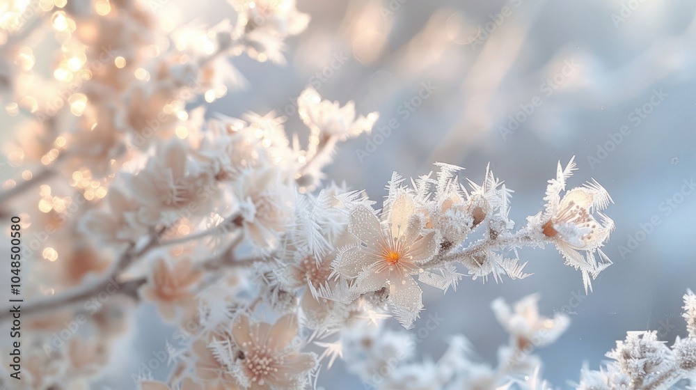Close-up of delicate white flowers covered in frost with a soft, blurred background. Close-up of delicate white flowers covered in frost with a soft, blurred background.