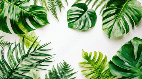 Tropical Green Leaves Arranged in a Frame on White Background